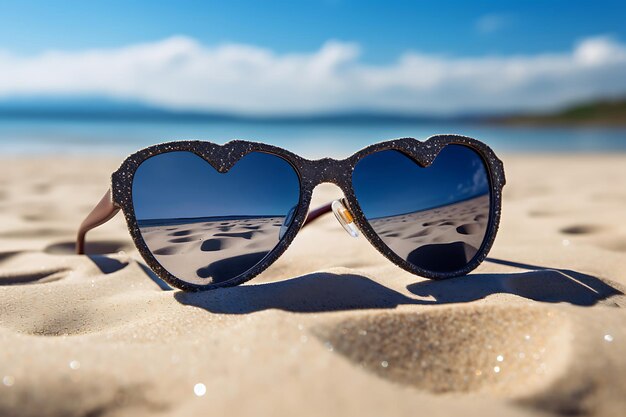 Foto de gafas de sol en forma de corazón en una playa de arena