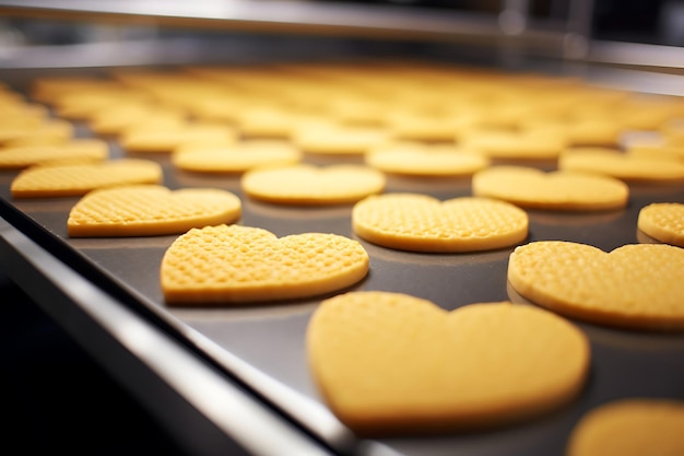 Foto de galletas en forma de corazón en una bandeja de horneado