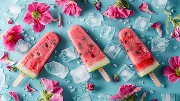 foto de galletas de sandía y cubos de hielo con flores en fondo azul plano vista superior