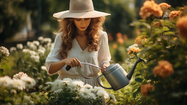 Foto Gartenarbeit im Sommer Frau gießt Blumen mit einer Gießkanne Mädchen mit Hut