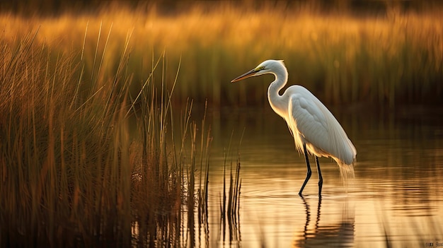 Una foto de una garza blanca en un pantano a la luz suave de la noche