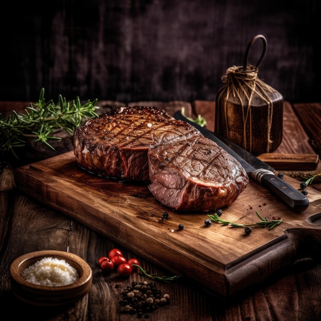 Foto gastronômica criada com IA de um pedaço de carne recém-grelhada com sal e pimenta de alecrim