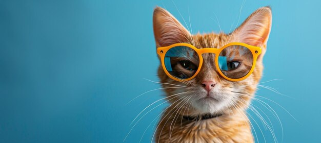 Una foto de un gatito feliz y lindo con gafas de sol amarillas contra un fondo azul