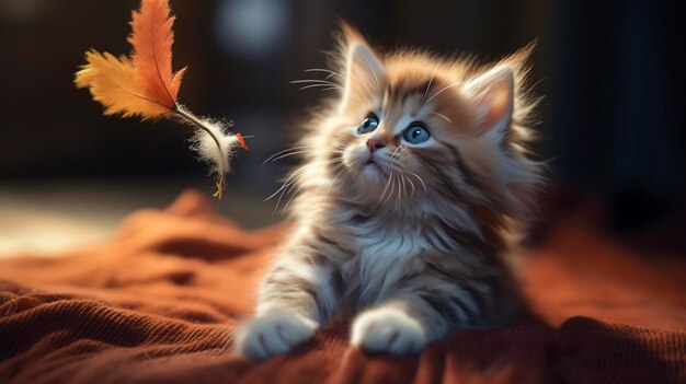 Una foto de un gatito lúdico con un juguete de plumas