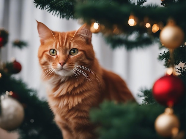 Foto de gato en el árbol de Navidad.