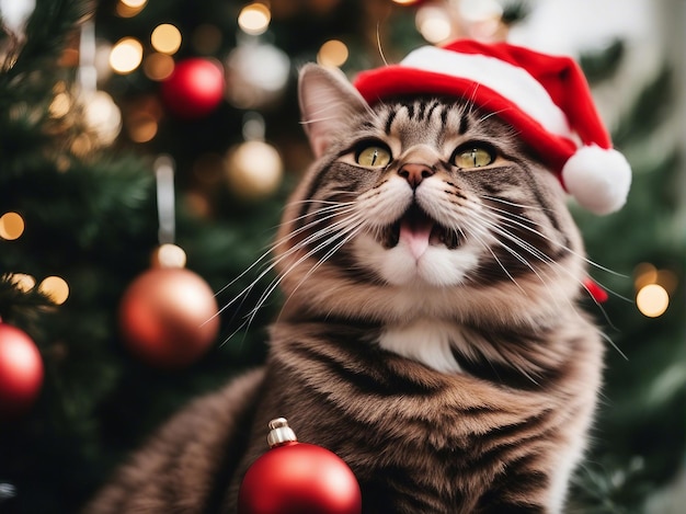 Foto de gato en el árbol de Navidad.