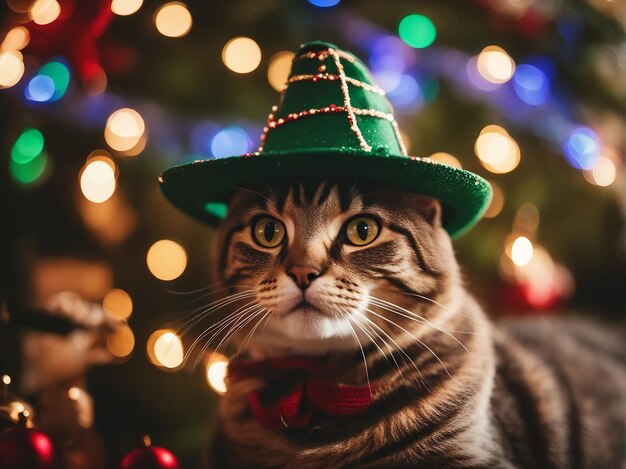 Foto de gato en el árbol de Navidad.