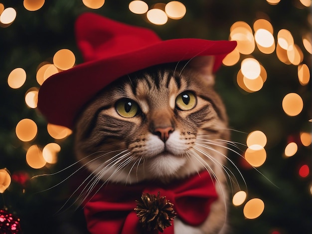 Foto de gato en el árbol de Navidad.