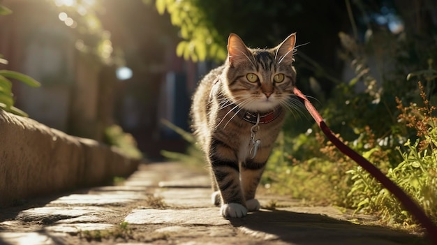 Una foto de un gato caminando con una correa.