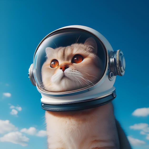 foto de un gato en un casco de astronauta aislado en el fondo del cielo azul