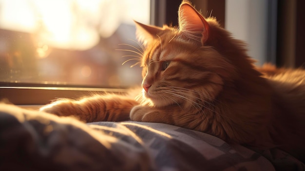 Una foto de un gato descansando en una acogedora percha de la ventana