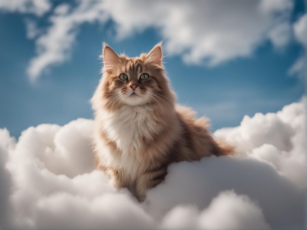 Foto de un gato esponjoso flotando en una nube gato marrón y blanco