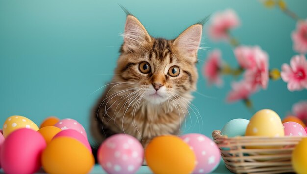 Foto foto de un gato con huevos de pascua y flores en el fondo