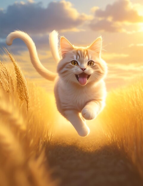 Foto de un gato muy lindo corriendo en un campo de trigo dorado