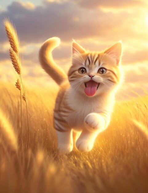 Foto de un gato muy lindo corriendo en un campo de trigo dorado