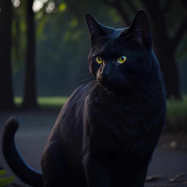 Foto con gato negro con hermoso fondo.