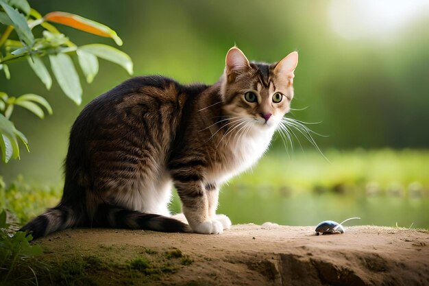 una foto un gato y una rata se están mirando el uno al otro