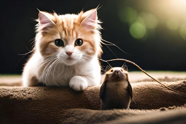 foto un gato y una rata mirándose