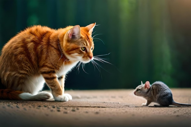 foto un gato y una rata mirándose