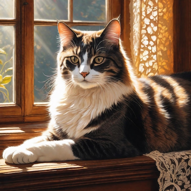 Foto foto del gato de la raza británica está sentado en el umbral de la ventana gato gris y patas blancas