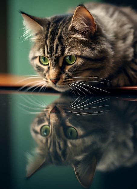 foto de un gato sentado en un vaso con su reflejo