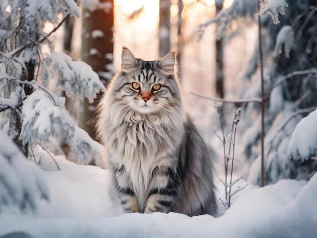 Foto de un gato siberiano caminando en un bosque nevado