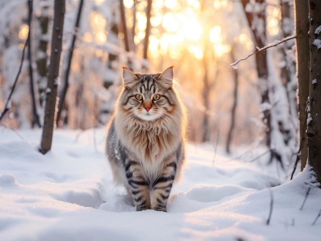 Foto de un gato siberiano caminando en un bosque nevado
