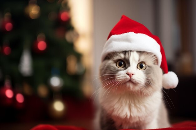 Foto de un gato con sombrero de Papá Noel y árbol de Navidad Foto de alta calidad