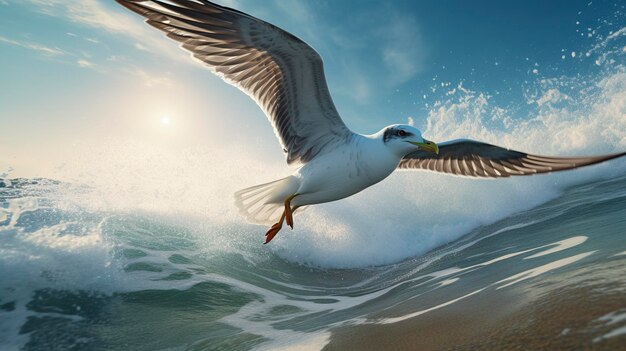 Una foto de una gaviota volando sobre las olas.