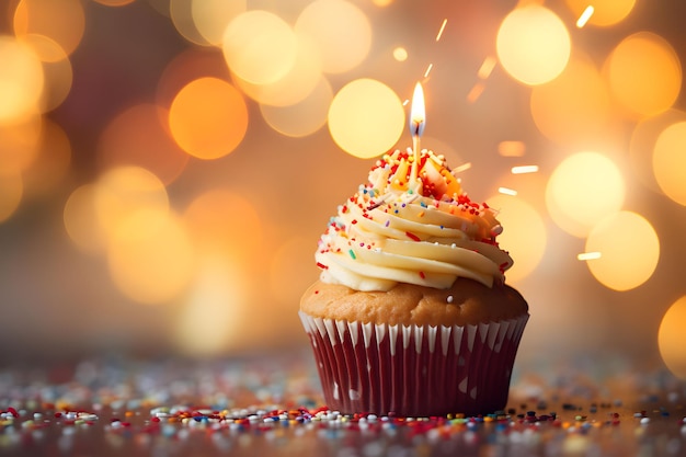 Foto-Geburtstags-Cupcake mit Kerzenschein-Hintergrund, generative KI