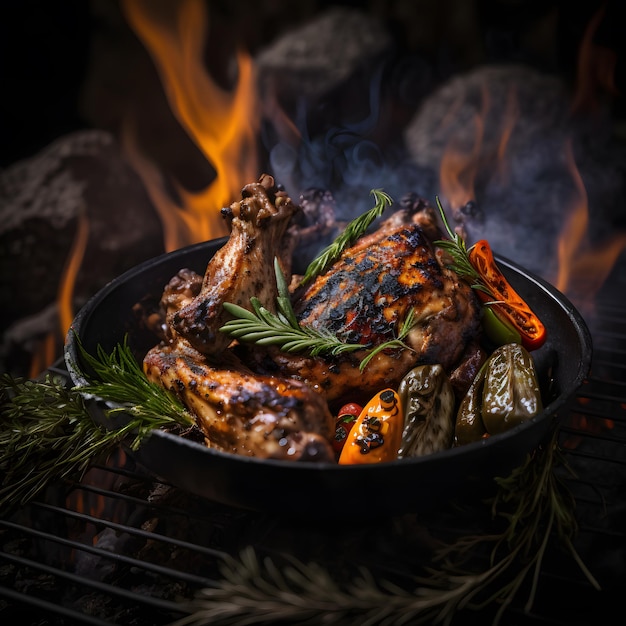 Foto gegrillte Hähnchenflügel auf dem Flammengrill mit Grillgemüse in Barbecue-Sauce mit Pepp