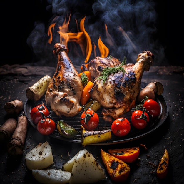 Foto gegrillte Hähnchenkeulen auf dem Flammengrill mit Grillgemüse mit Tomaten, Kartoffeln, Pep