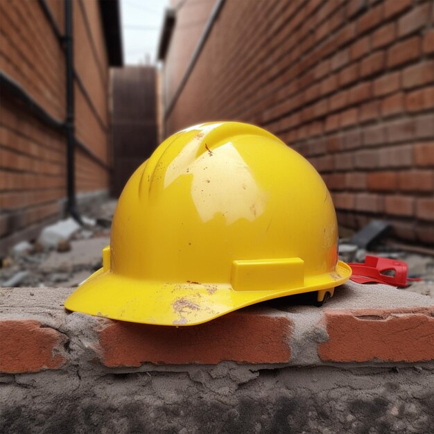 Foto Gelber Helm auf dem roten Ziegelstein