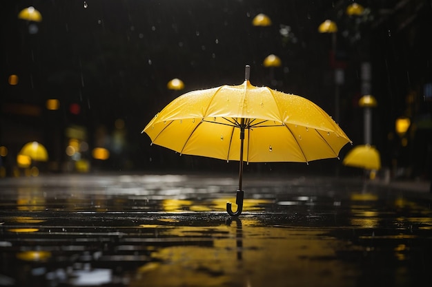 Foto gelber Regenschirm unter Regentropfen mit schwarzem Hintergrund, Geschäfts- und Modekonzept