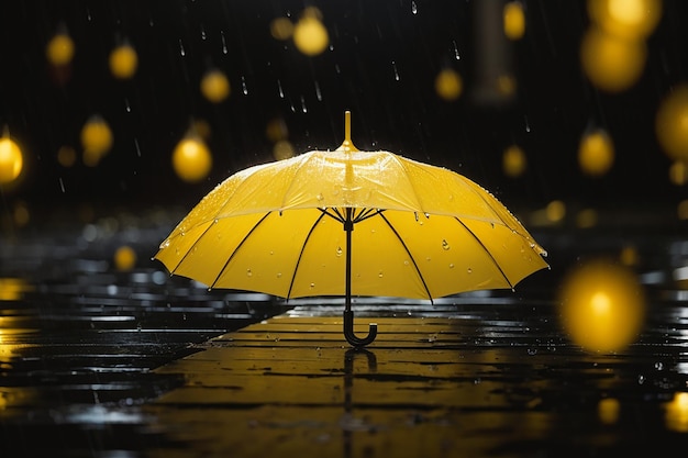 Foto gelber Regenschirm unter Regentropfen mit schwarzem Hintergrund, Geschäfts- und Modekonzept