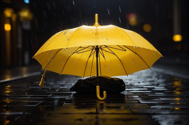 Foto gelber Regenschirm unter Regentropfen mit schwarzem Hintergrund, Geschäfts- und Modekonzept