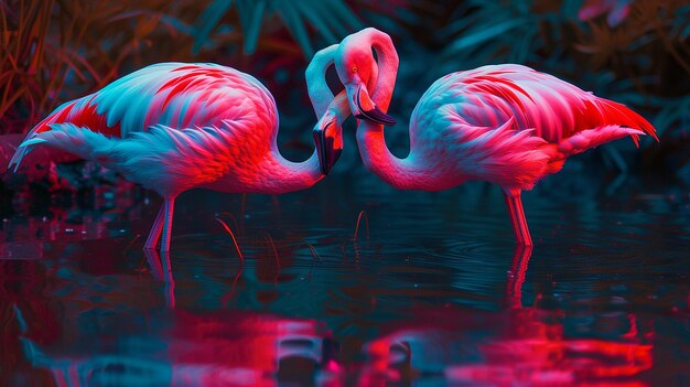 Foto generada por IA Dos flamencos de color neón se aman