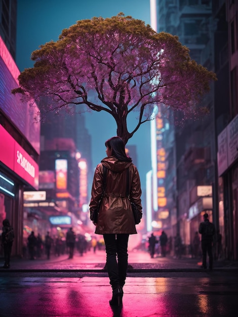 Foto foto generada por la ia de una mujer caminando en medio de una ciudad de estilo cyberpunk