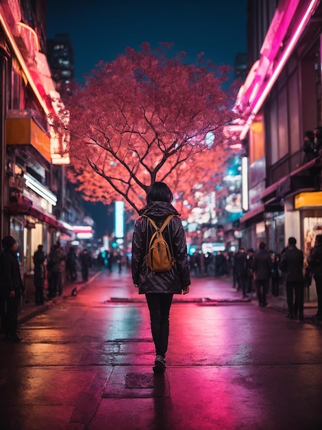 Foto foto generada por la ia de una mujer caminando en medio de una ciudad de estilo cyberpunk