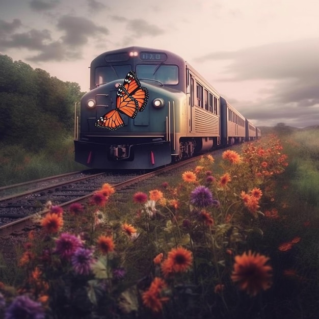 Foto generada de un tren con flores en el frente y una mariposa en el frente