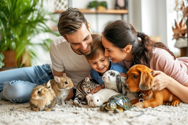 Foto foto general de la familia niño mujer hombre con muchos tipos de mascotas gato perro pez hámster tortuga conejo p