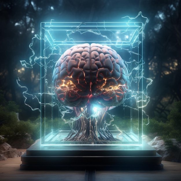 Foto generativa ai ilustración de un cerebro humano en concepto de inteligencia artificial de holograma digital