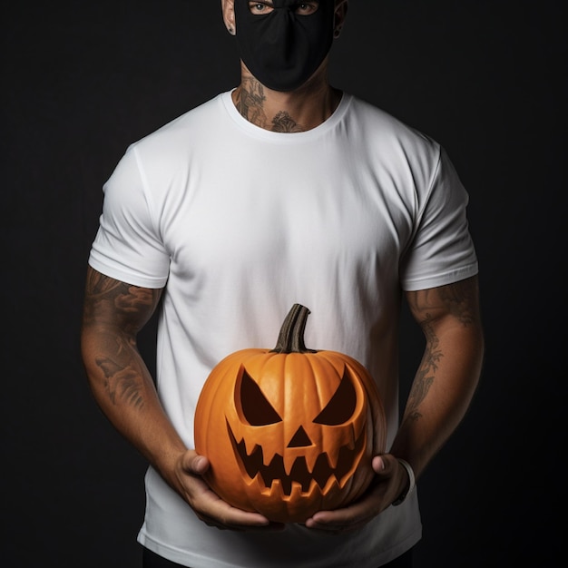 Foto generativa de IA de um homem segurando uma abóbora de halloween na mão usando uma camiseta branca lisa