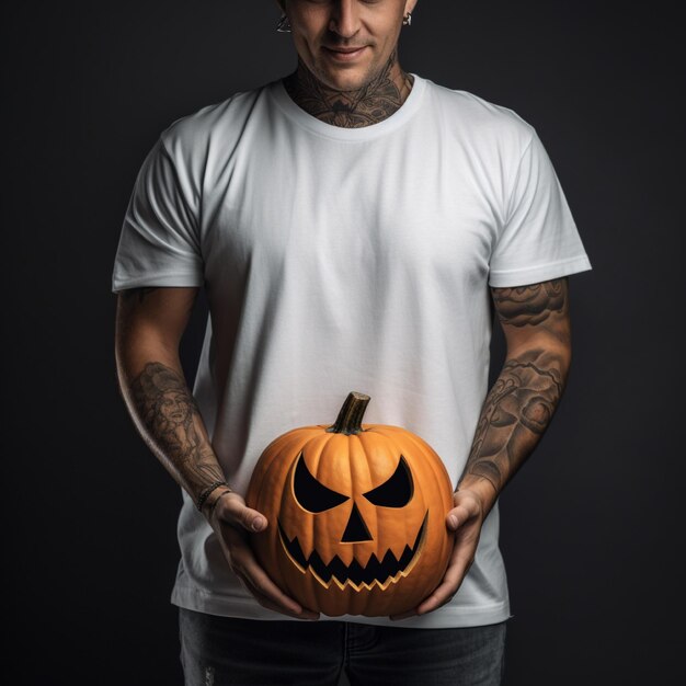 Foto generativa de IA de um homem segurando uma abóbora de halloween na mão usando uma camiseta branca lisa