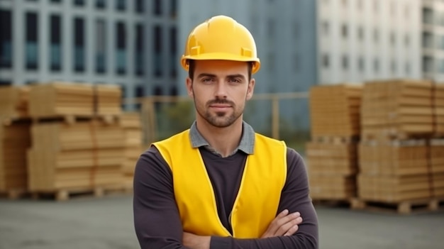 Foto generativa de IA de un joven constructor encantador con un casco parado con los brazos cruzados frente a un sitio en construcción