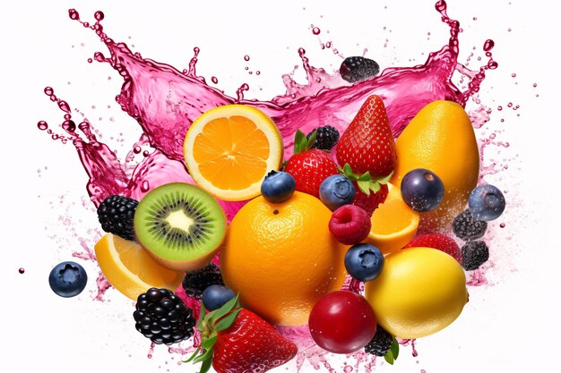 Foto gerada por IA de respingos de frutas coloridas em um respingo de suco de fundo liso