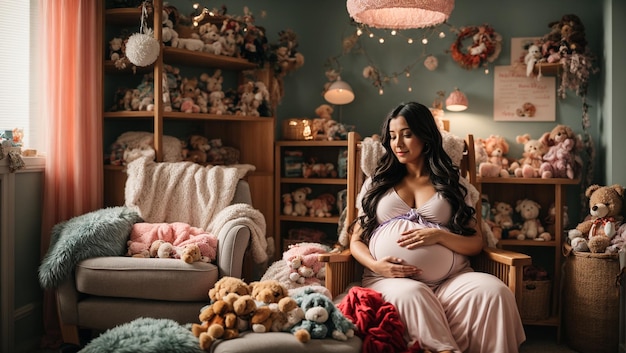 Foto gerada por IA de uma mulher grávida sentada em um sofá aconchegante