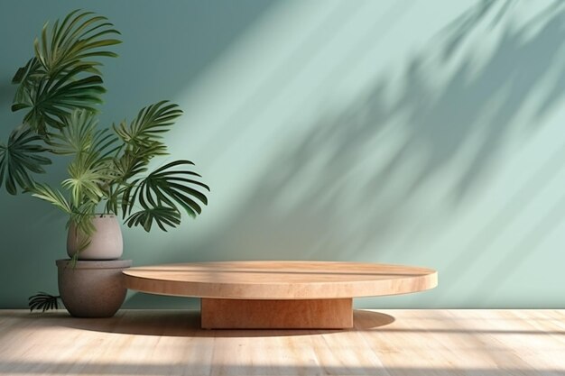 Foto gerada por IA Palco mínimo de madeira para mostrar o produto no chão de cimento e a sombra da planta da luz solar no fundo de menta renderização 3d