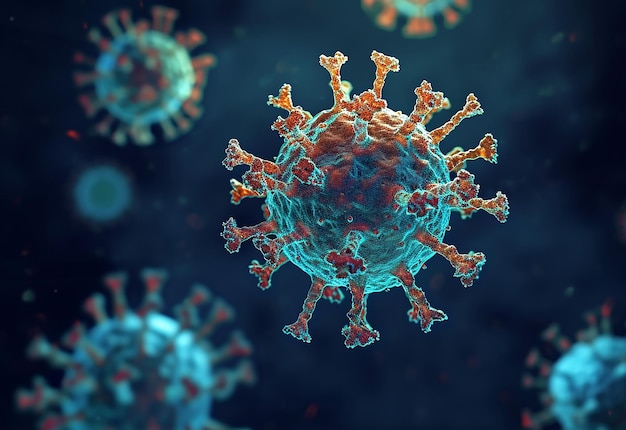 Foto de gérmenes microscópicos del virus del coronavirus de fondo con espacio de copia renderizado en 3D