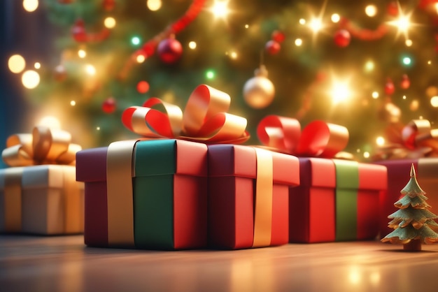 Foto-Geschenkboxen vor dem Weihnachtsbaum, hochwertiger Hintergrund